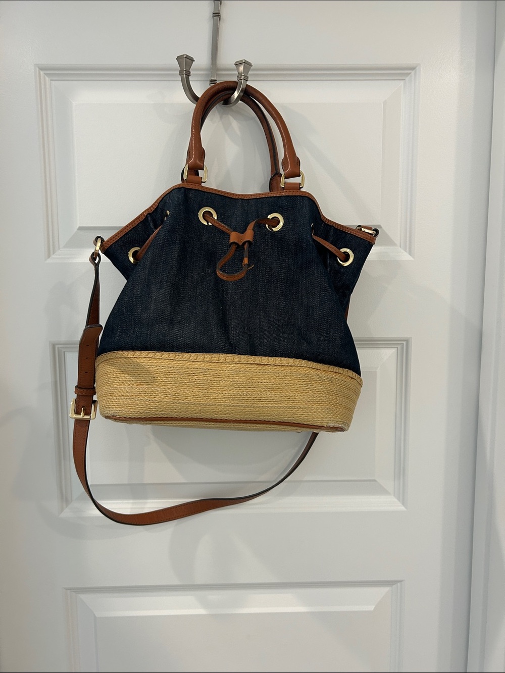 Michael Kors Denim and Straw Bucket Shoulder Bag with Brown Trim